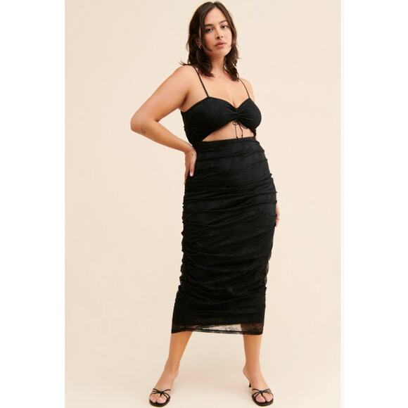 For Love & Lemons Poison Ruched Black Dress Size 1X NWT Stretch Jacquard Lace - Picture 1 of 15